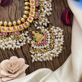 Vriksham Exquisite Kundan Jadau Lakshmi Pendant Short Neckpiece-Rice Pearl Guttapusalu-J2825